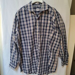 Peter Millar Mens XXL‎ Plaid Button Down Shirt Navy Blue Tan Cotton Long Sleeve